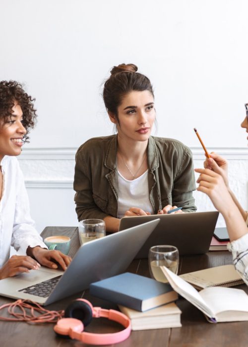 Group of cheerful young women studying together